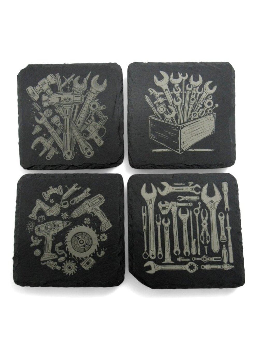 Slate Coaster Tool Themed Engraved Set Of 4 Square Gray 4"
